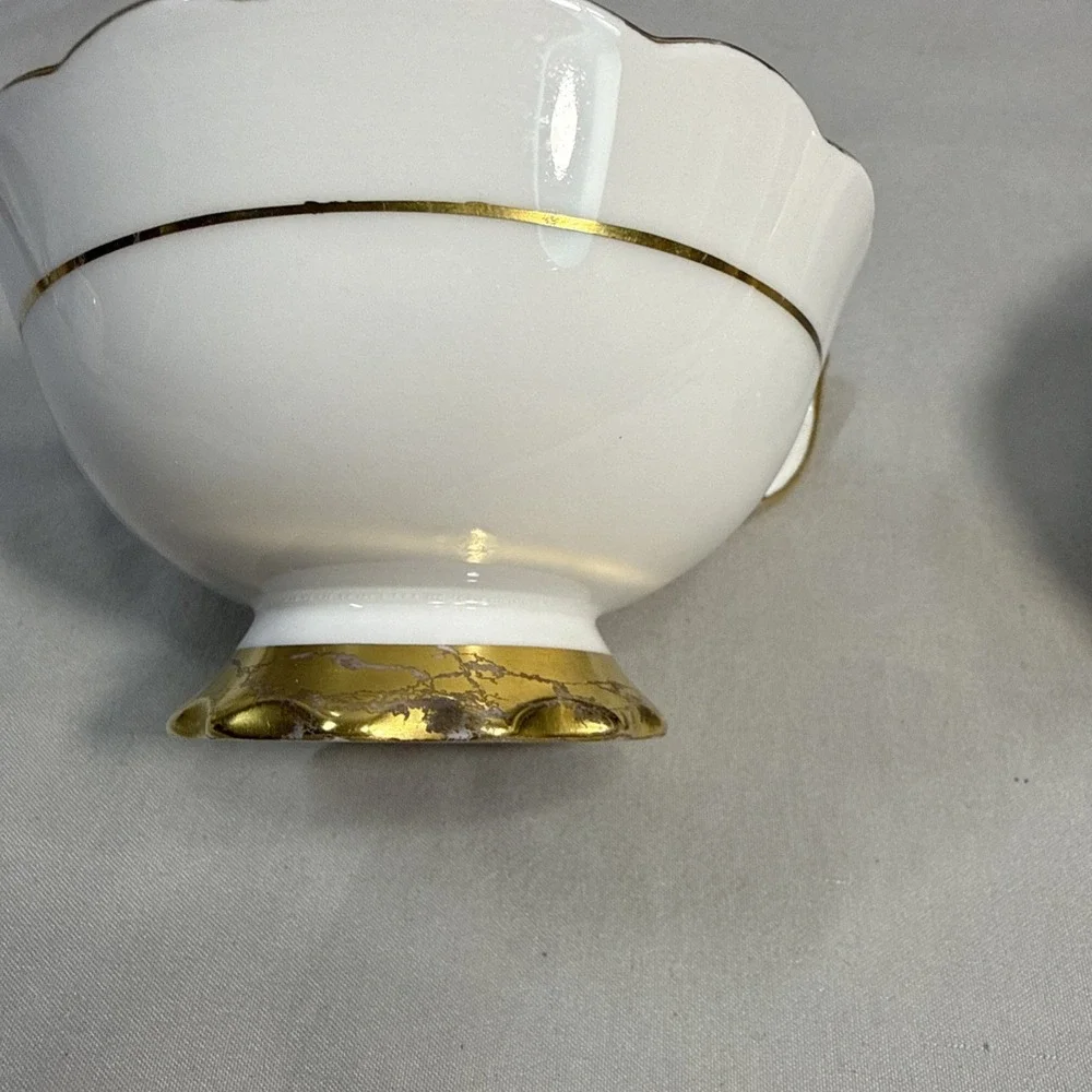 Vintage Royal Stafford 8345 Bone China Teacups White Gold Floral Pair 2 England